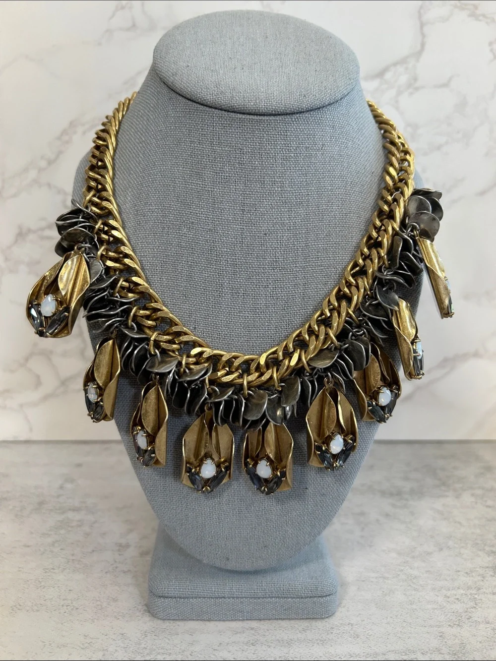 J.Crew Art Deco Gold Opal Drop Disc Necklace featuring chunky mixed-metal chain